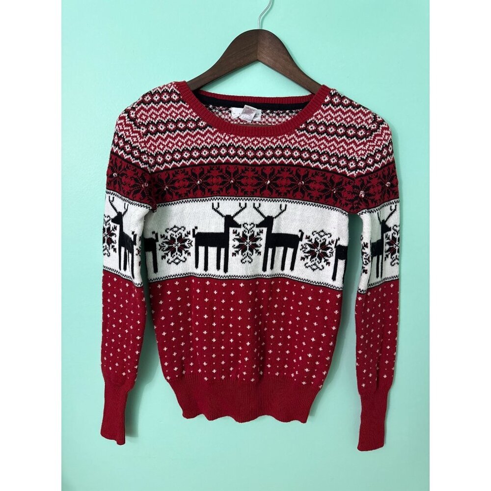 Shrinking Violet XS Red & White Reindeer Snowflake Christmas Sweater